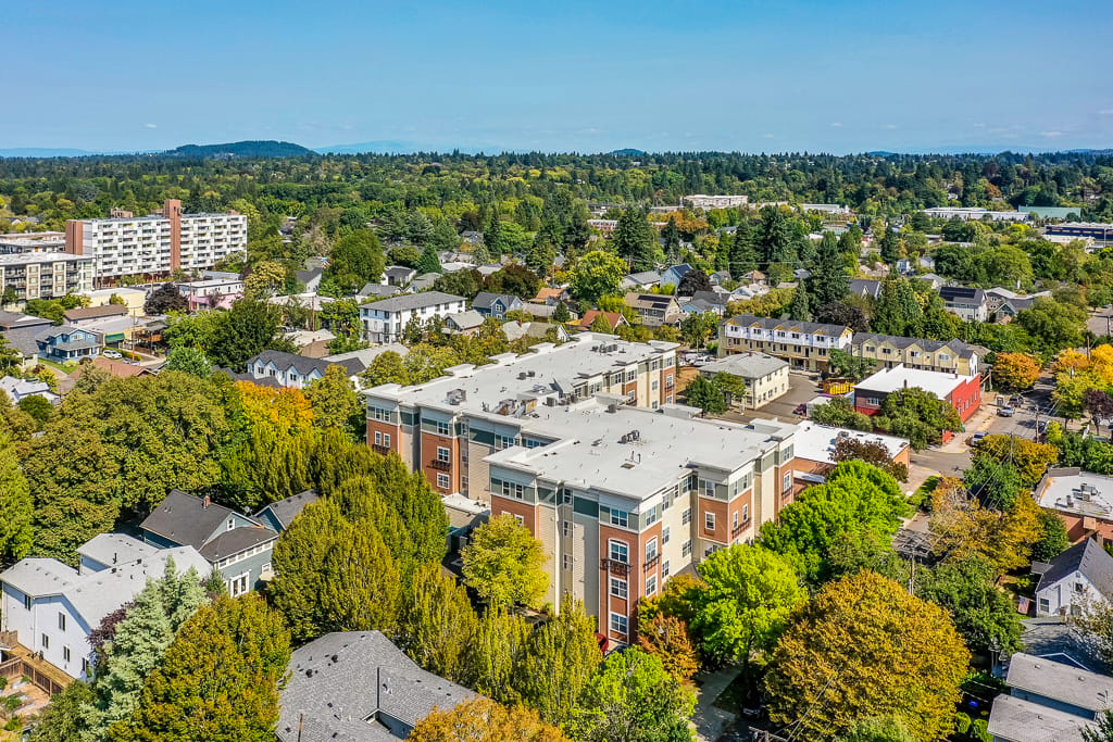 Aerial view of Sellwood Senior Living building and surroundings