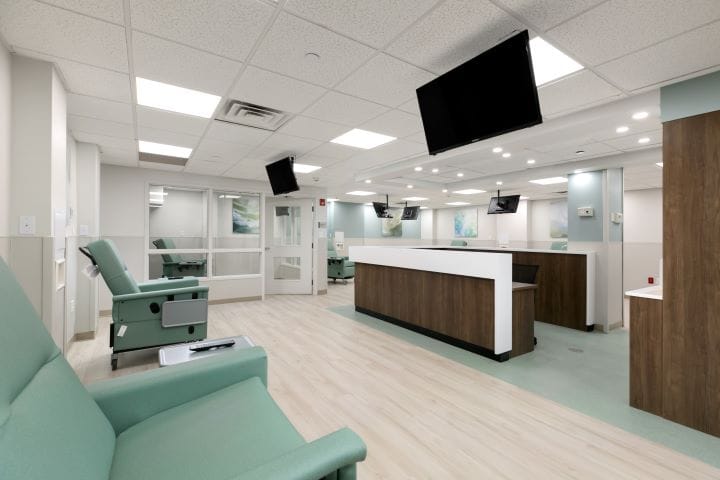 Bright and modern interior of a nursing home common area