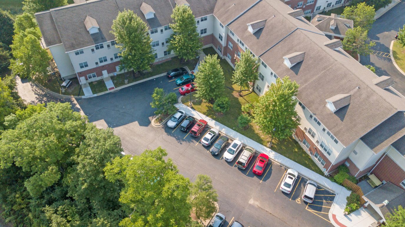 Aerial view of the facility and parking lot