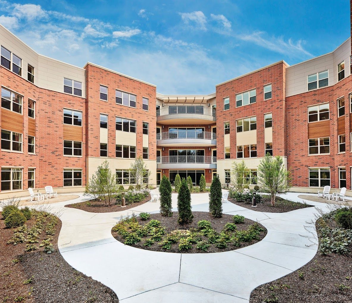 Courtyard view of a modern assisted living facility