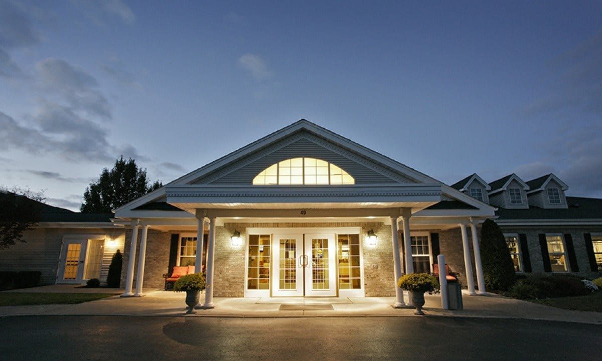 Exterior view of Tennyson Court entrance at dusk