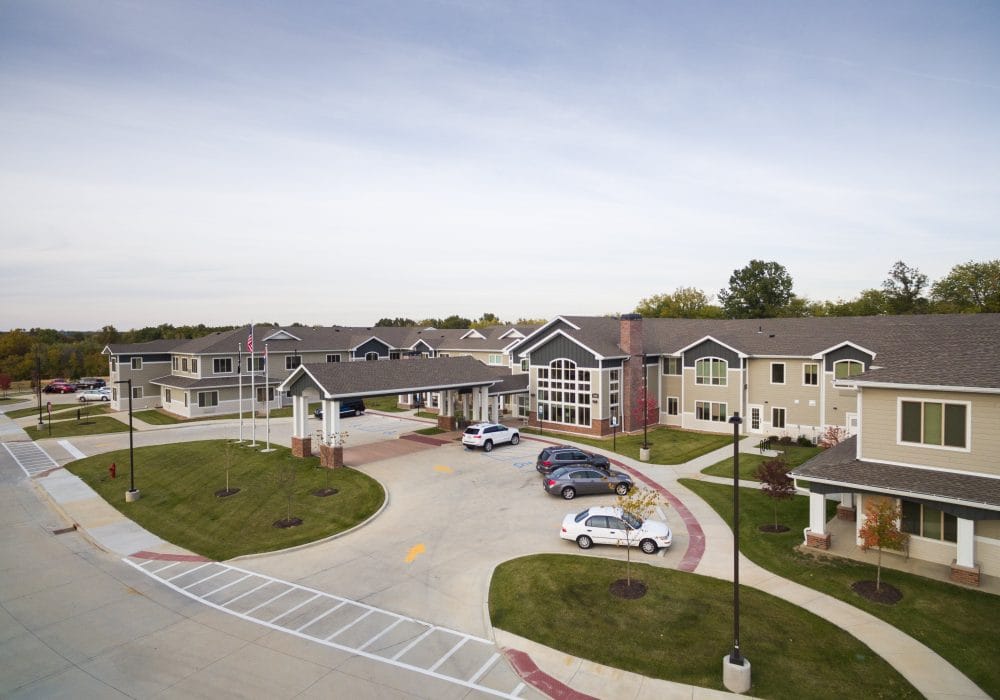 Aerial view of the facility building with surrounding outdoor space