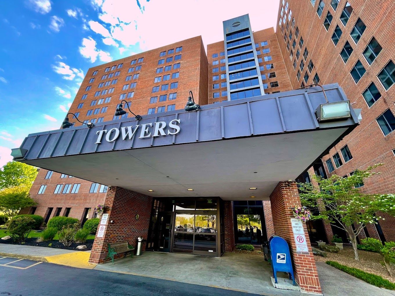 Entrance of the Towers retirement home with sign