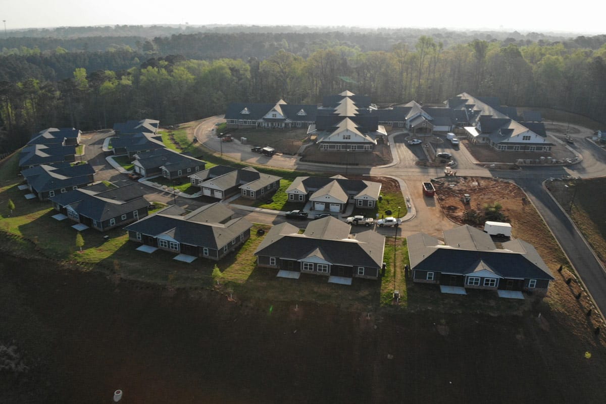 Aerial view of a senior living community with residential buildings