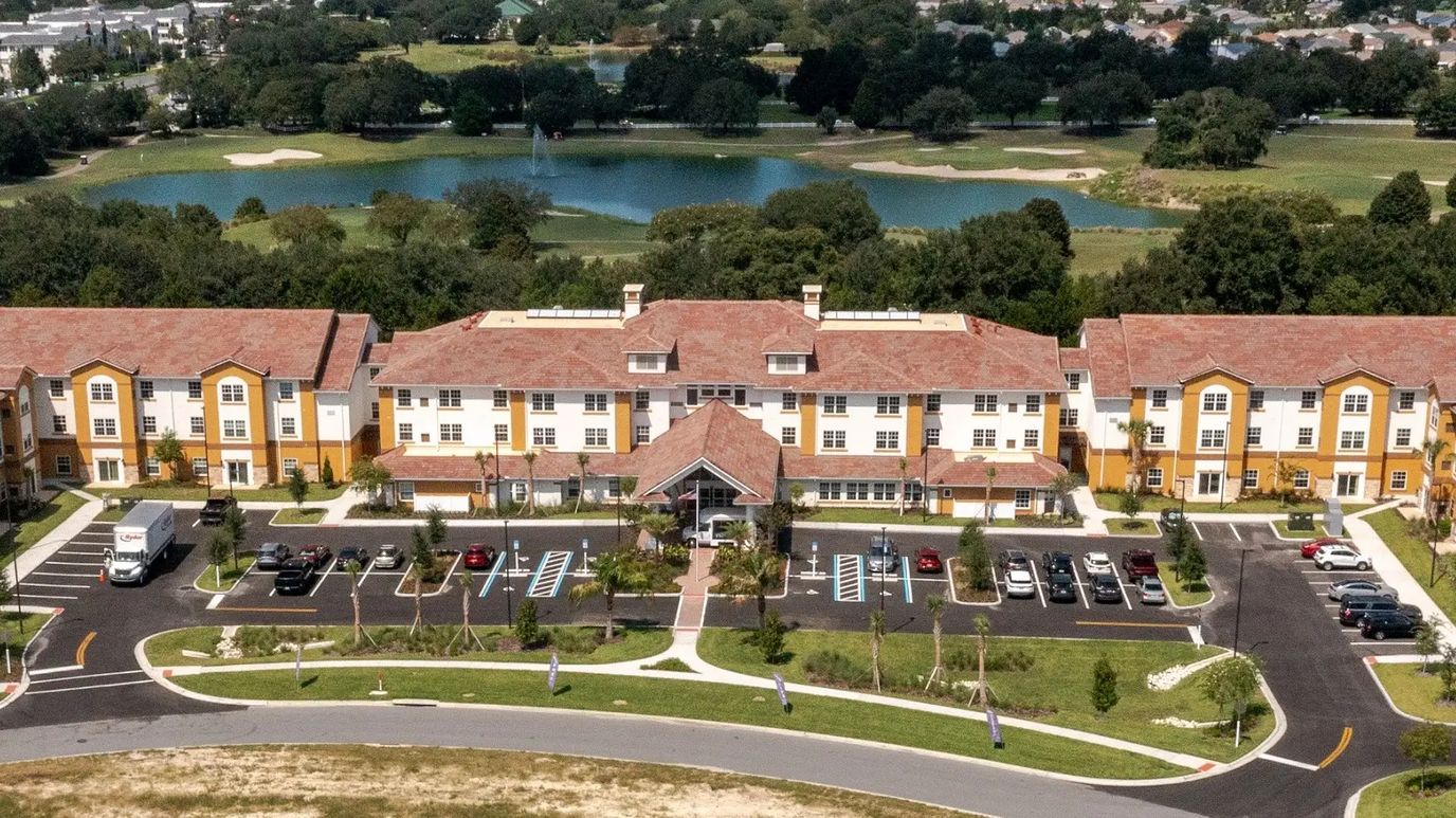 Aerial view of the Pebble Springs Retirement Community building and grounds