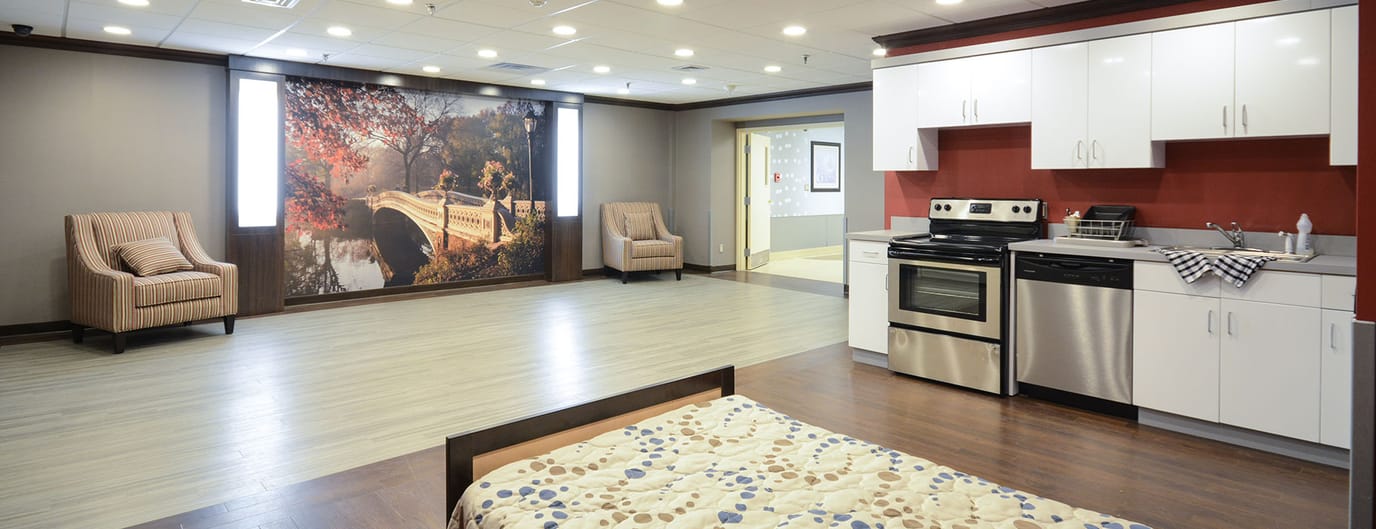 Interior view of a room with kitchen facilities