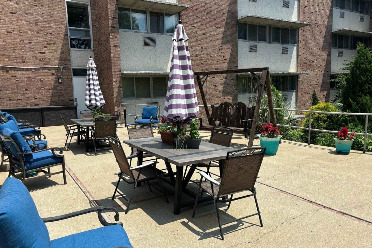 Patio area with chairs and umbrellas