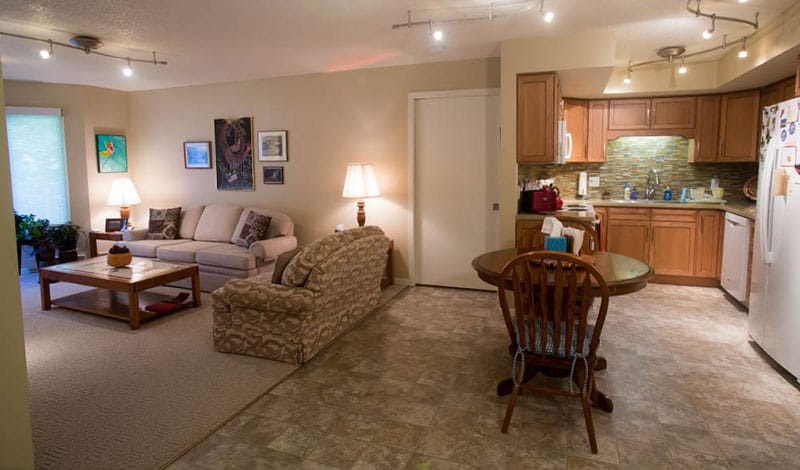Bright, spacious living area with kitchen and dining