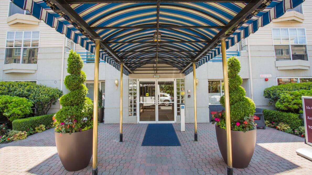 Entrance of Ida Culver House Ravenna with landscaped planters