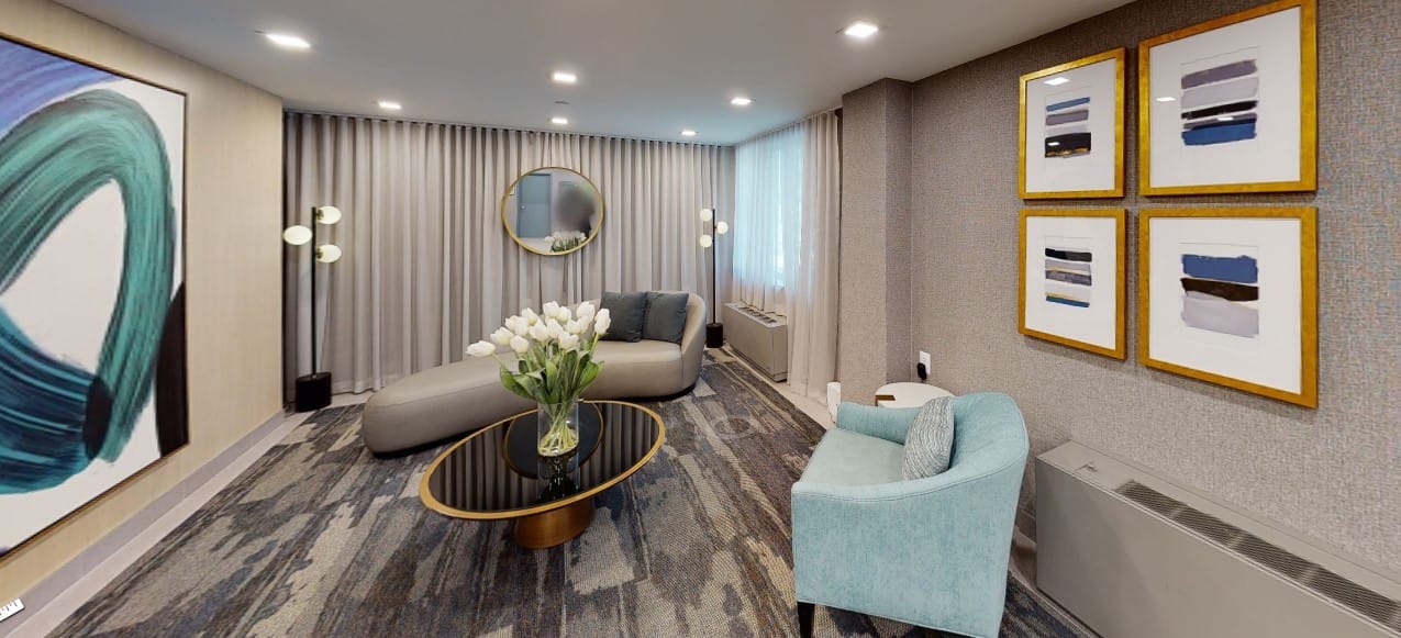 Bright, modern lounge area in a senior living facility