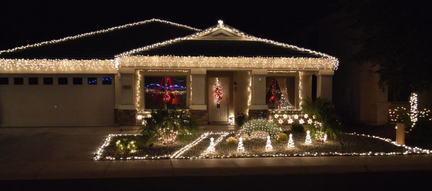 Exterior of a house decorated with holiday lights