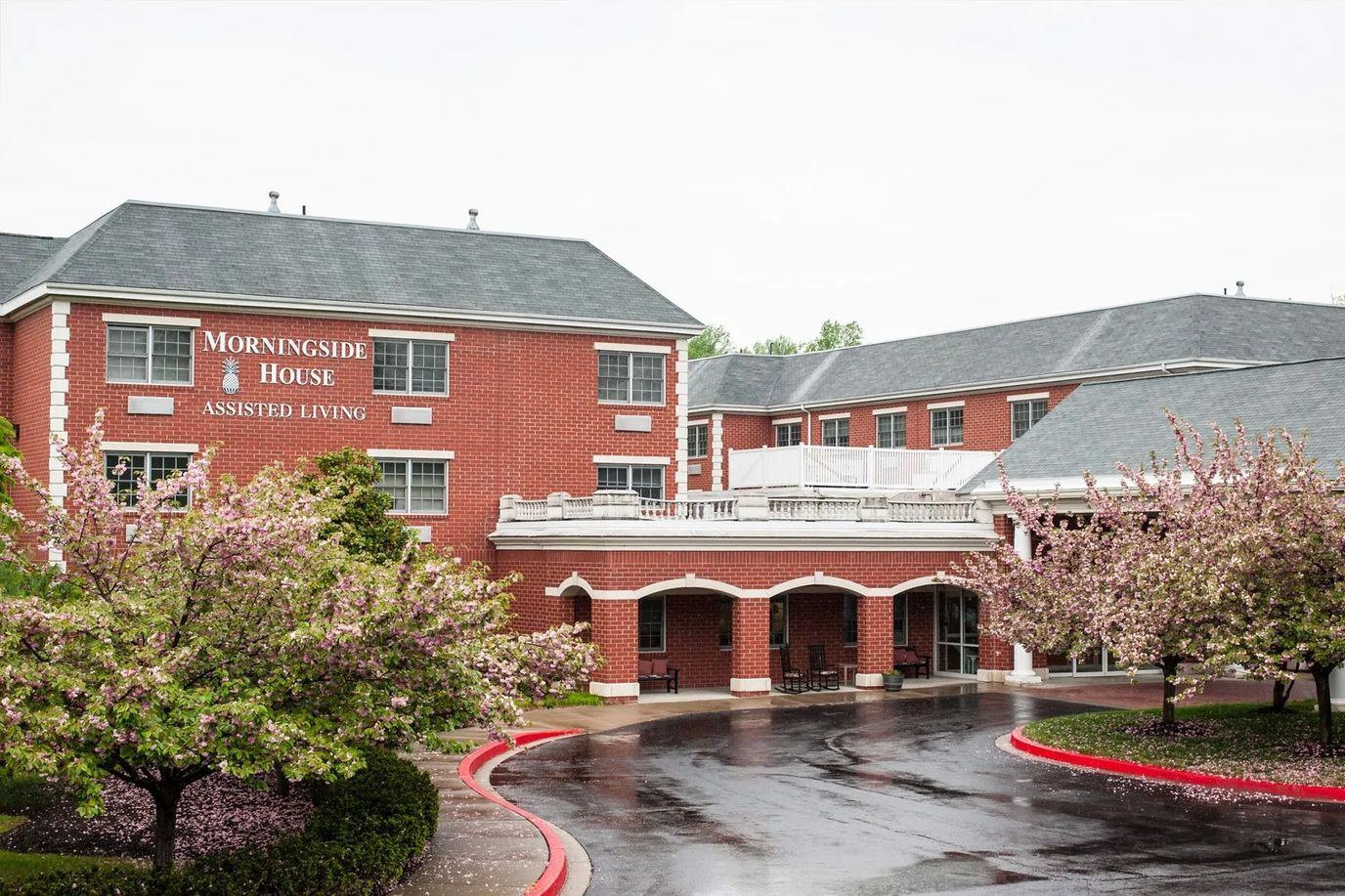 Exterior view of Morningside House with blooming trees
