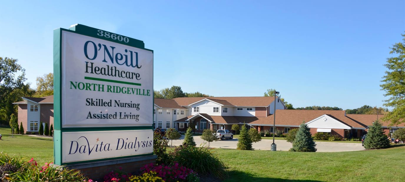 Exterior view of O'Neill Healthcare North Ridgeville sign