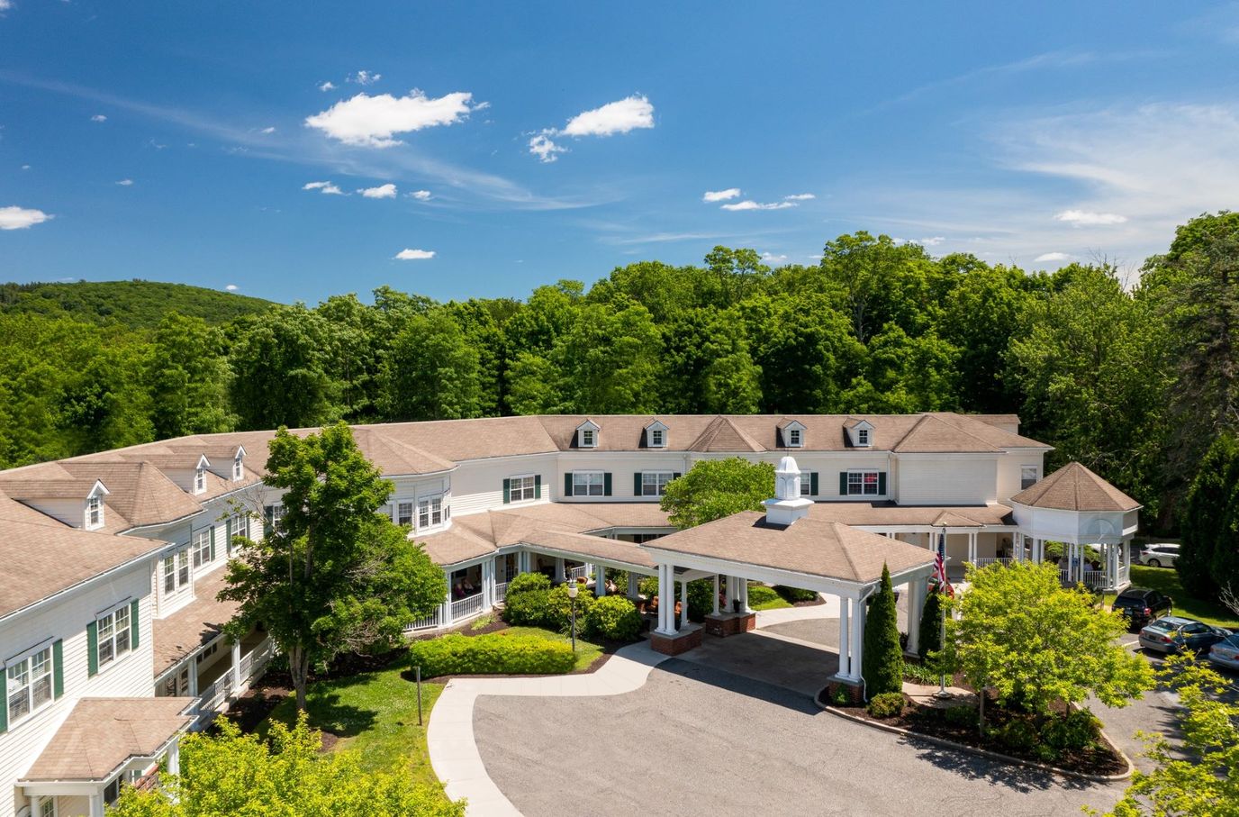 Aerial view of The Cottage at Litchfield Hills with gardens