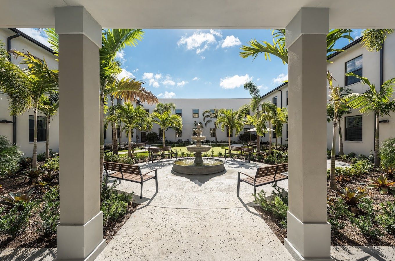 View of a tranquil courtyard with benches and palm trees