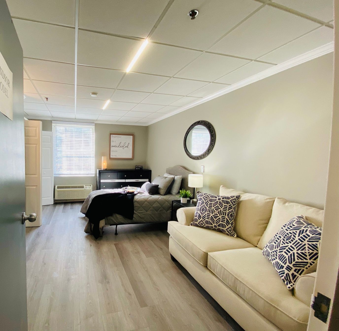 Cozy resident room with a couch and bed