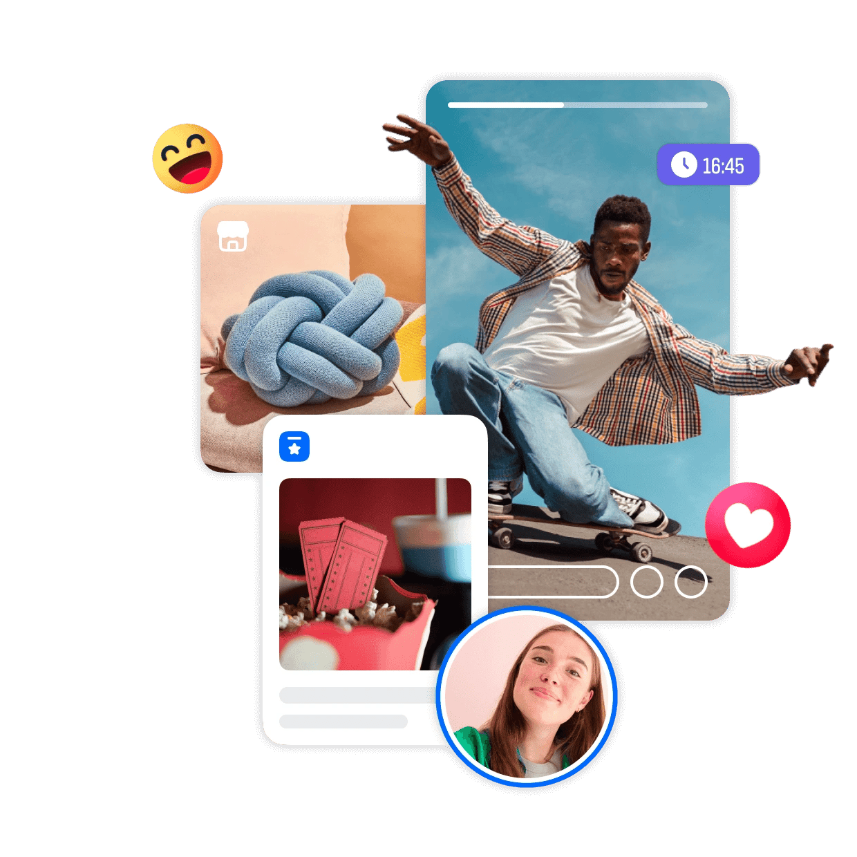 A collage of various digital content elements.