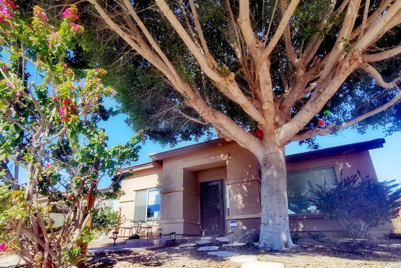 Exterior view of an assisted living facility with a large tree