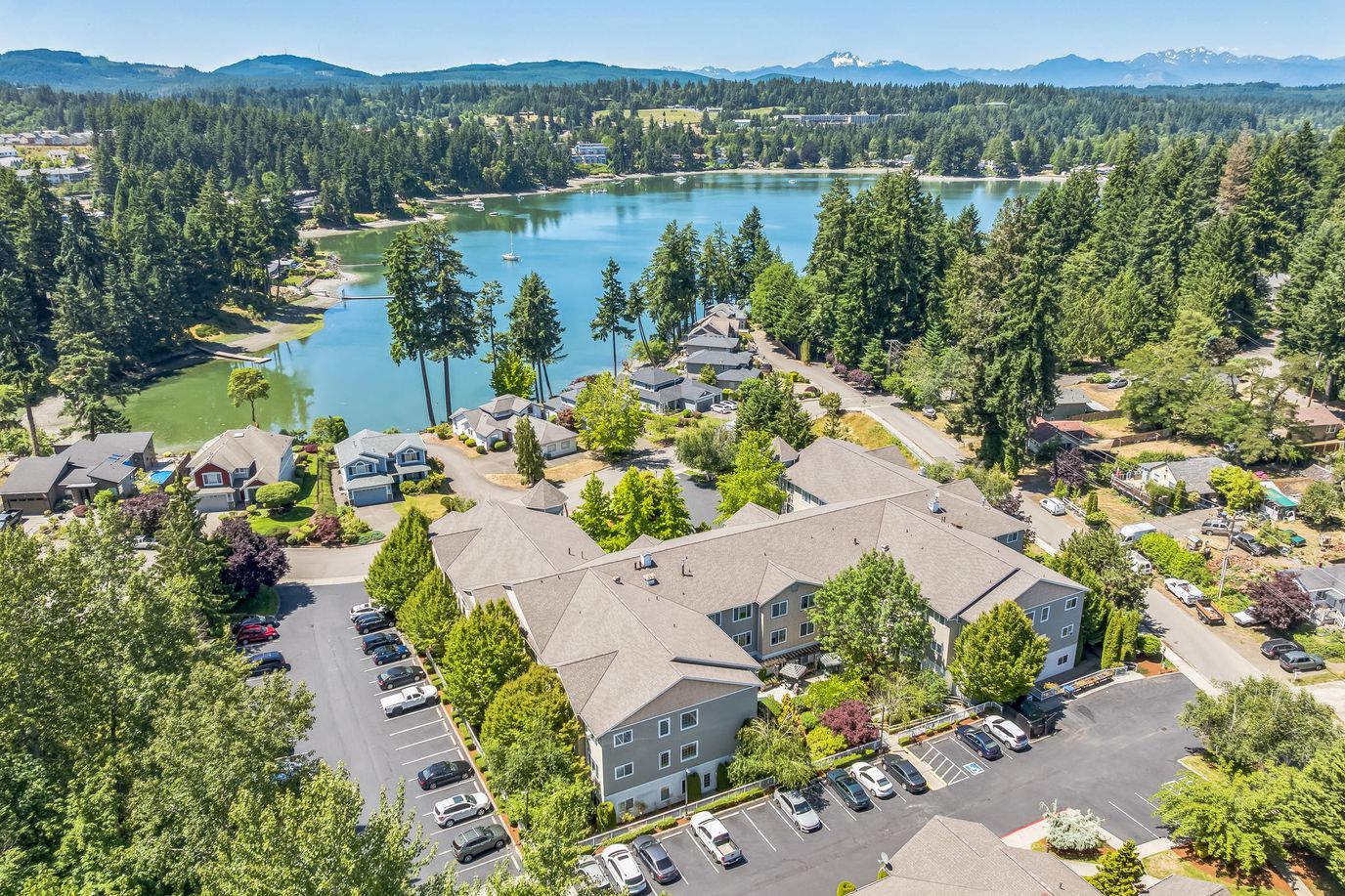 Aerial view of the assisted living facility by the lake