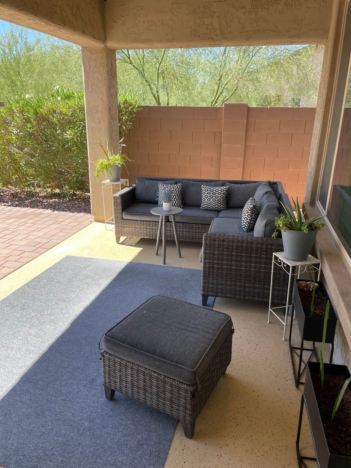 Cozy outdoor seating area with plants