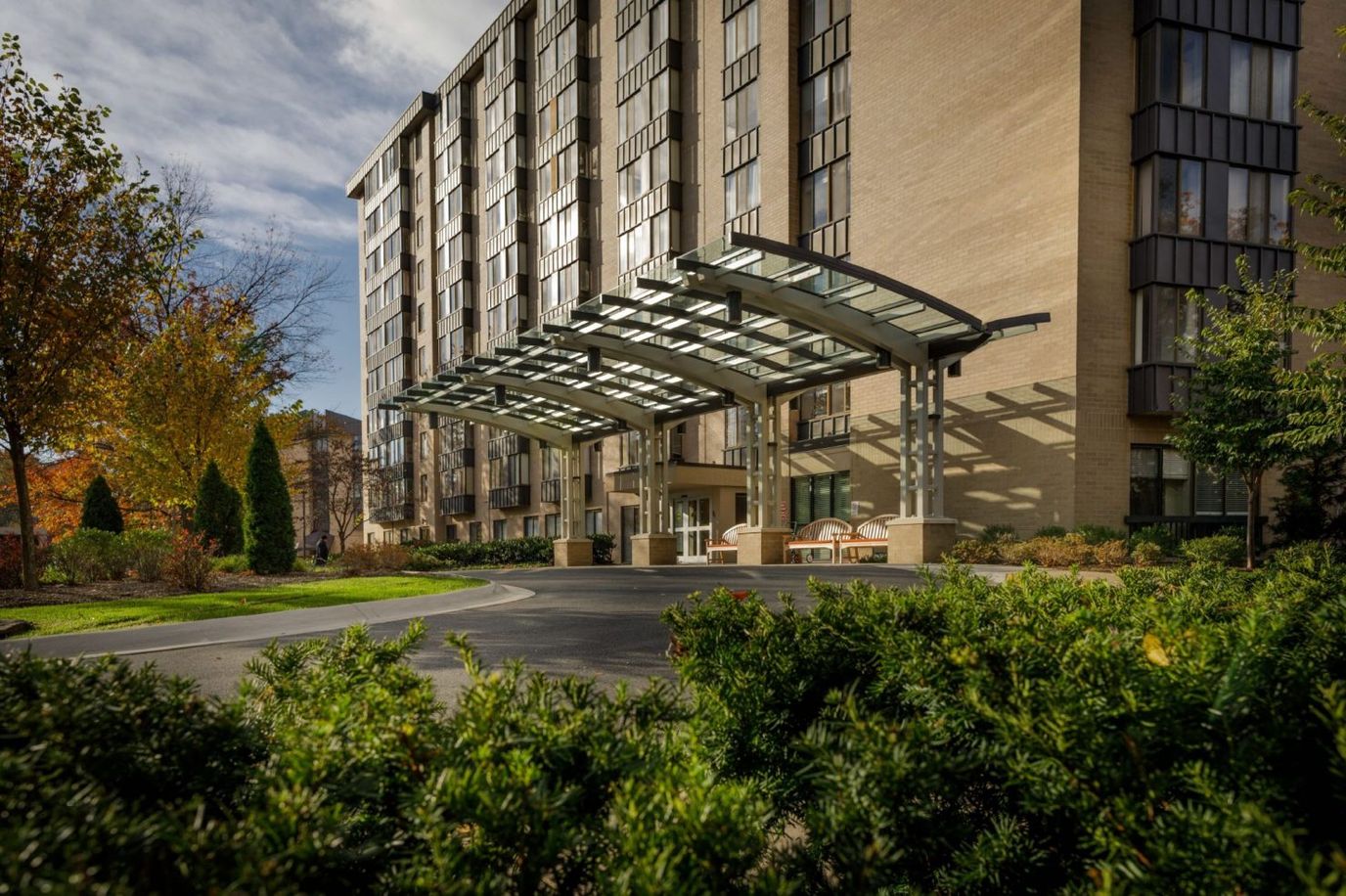 Exterior view of Revitz House with entrance canopy