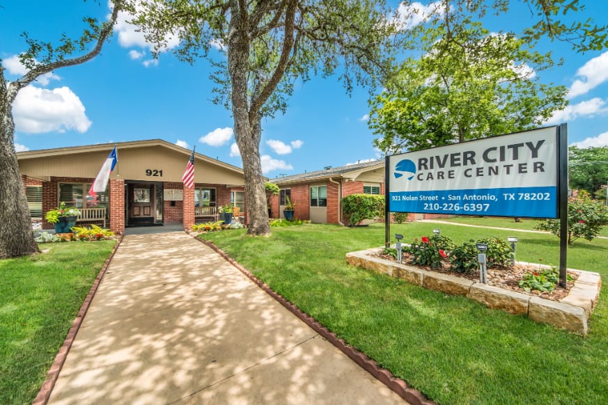 Exterior view of River City Care Center with signage