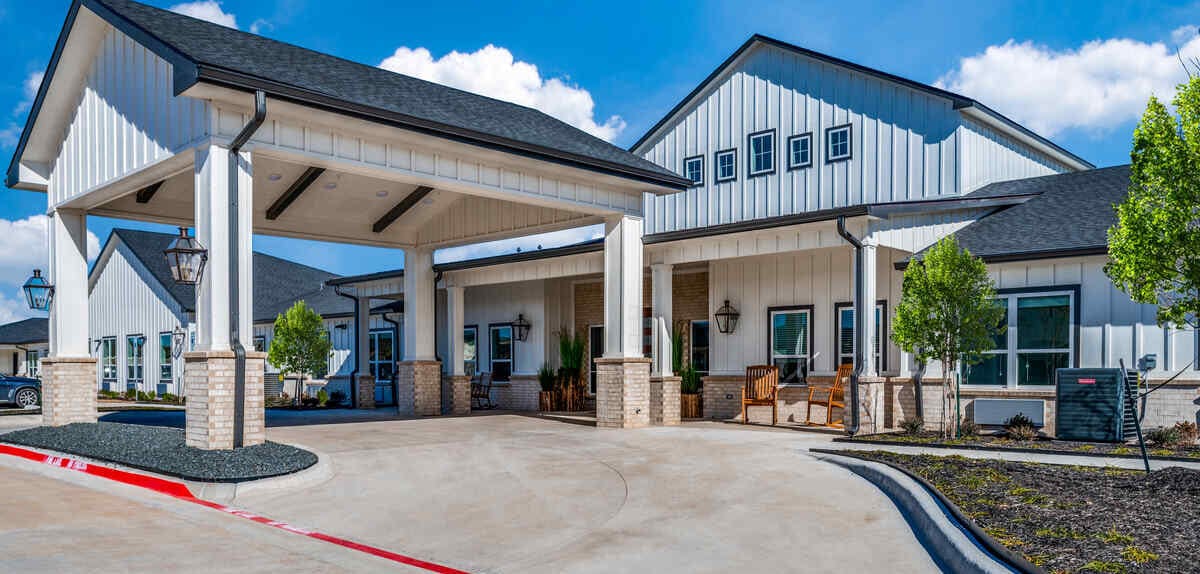 Front entrance of a modern assisted living facility