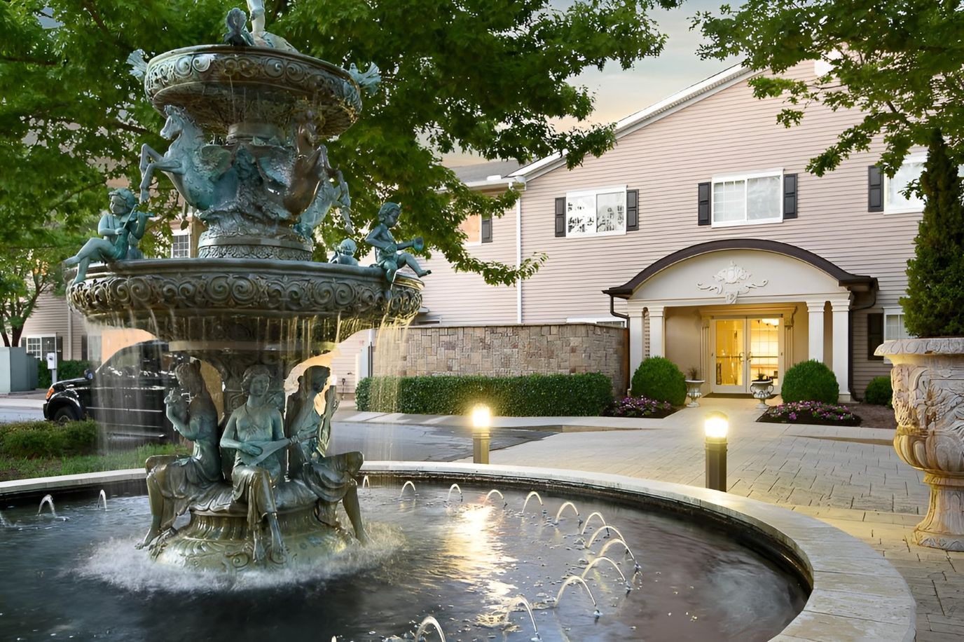 Elegant outdoor fountain at the facility entrance