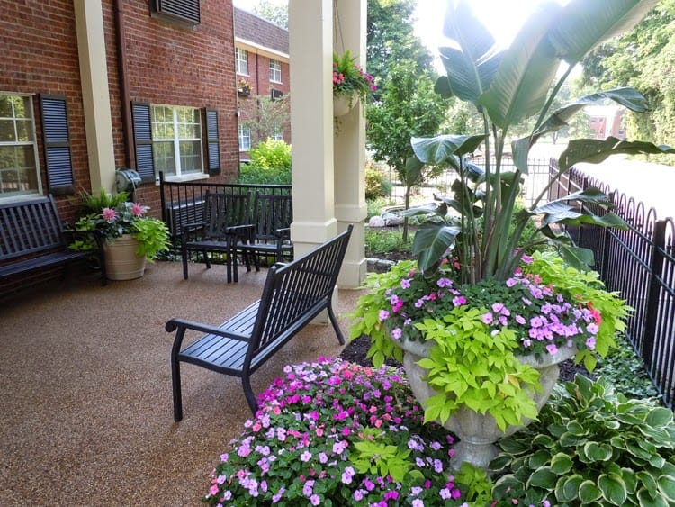 Beautifully landscaped outdoor seating area with flowers