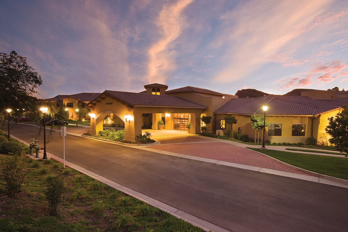 Exterior view of OakView Health Center at dusk