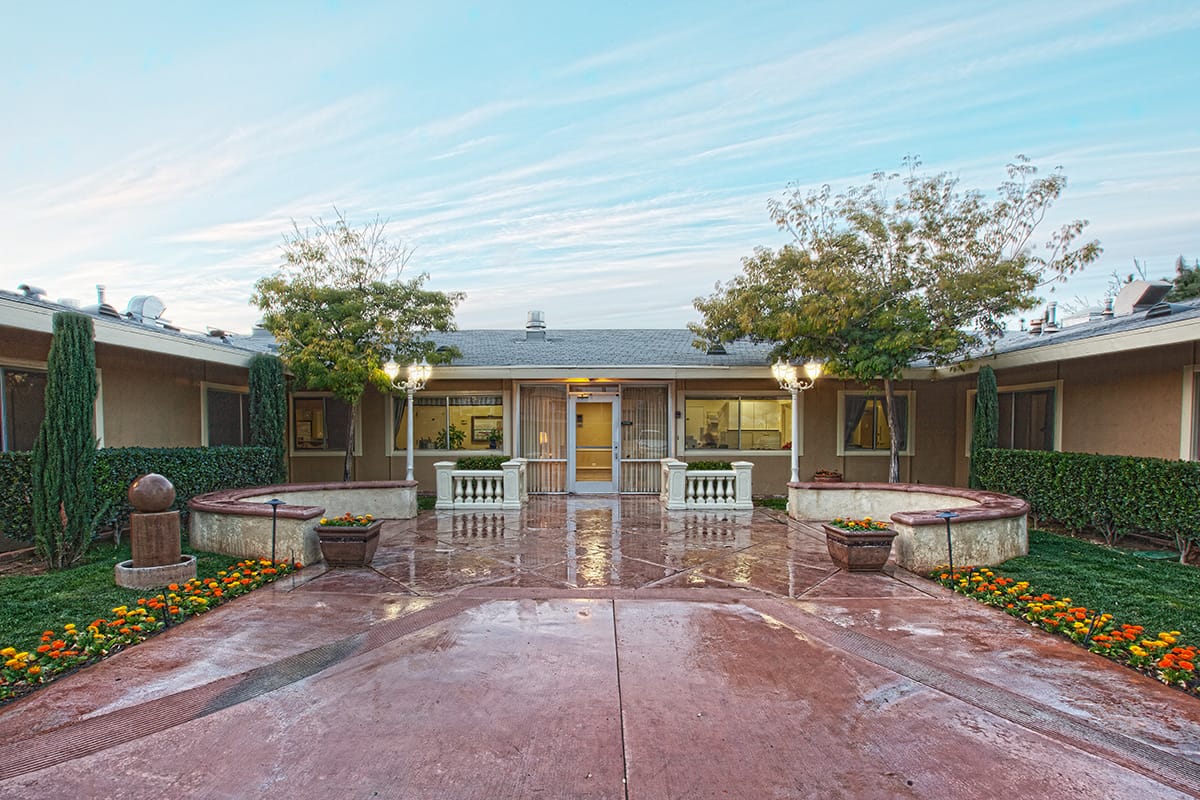 Exterior view of a senior living facility entrance