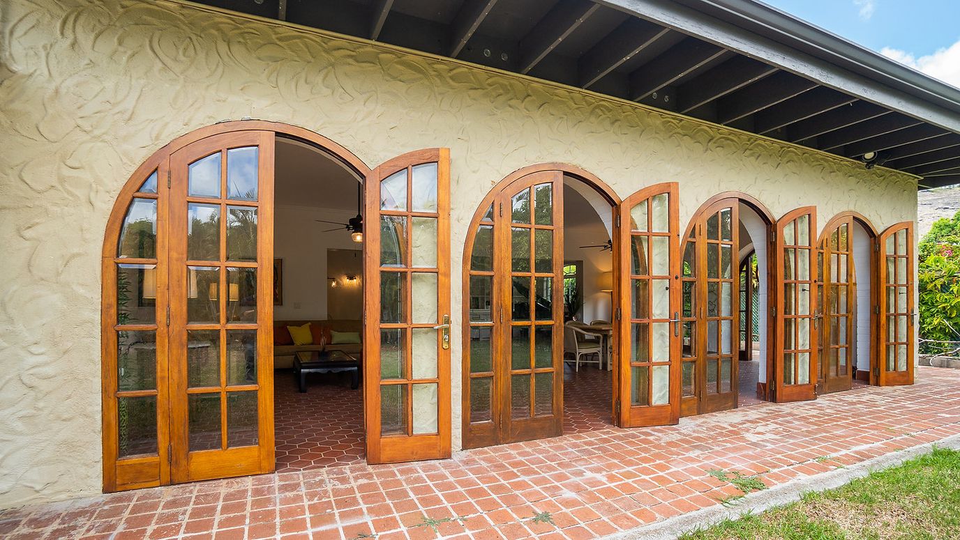 Exterior view of a building with wooden doors