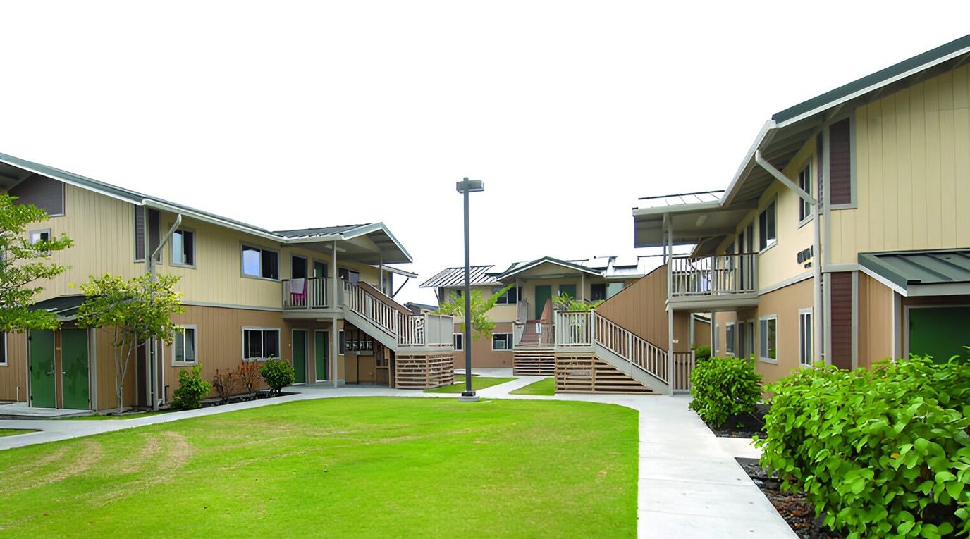 Exterior view of the residential buildings and green space