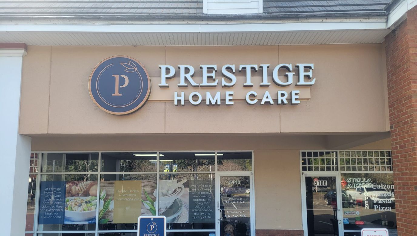 Exterior view of Prestige Home Care facility sign