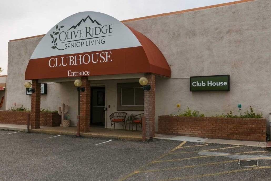Exterior view of Olive Ridge Senior Living clubhouse entrance