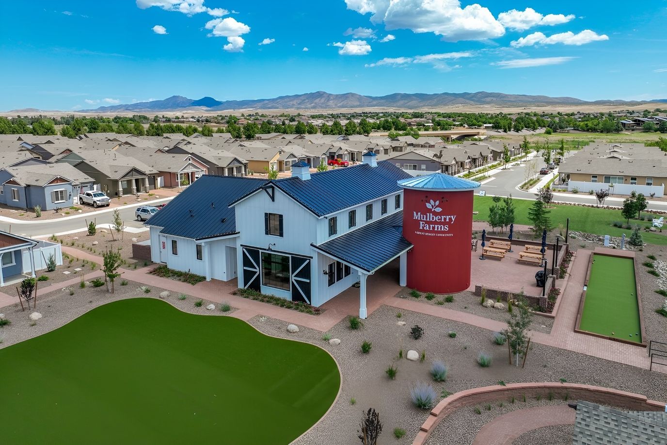 Aerial view of Mulberry Farms Apartments and landscaping