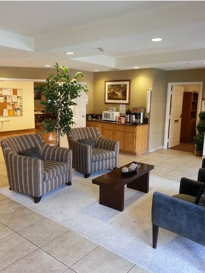 Interior view of a common area with seating