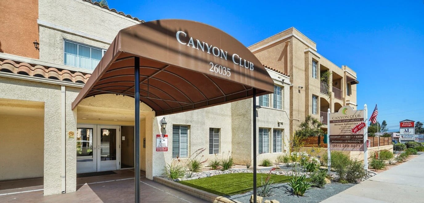 Entrance awning of Canyon Club Senior Apartments