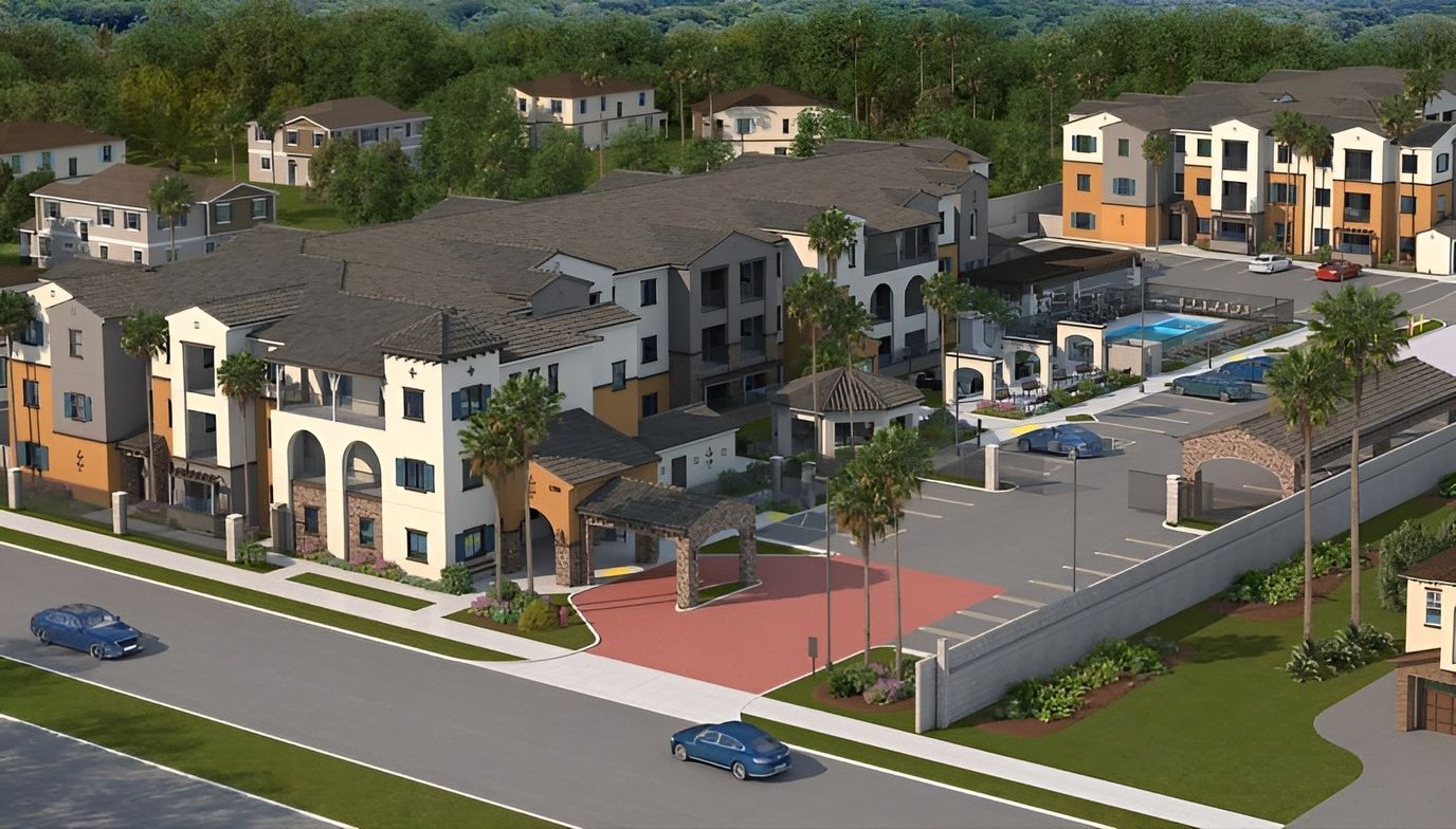 Aerial view of a senior living community with buildings and landscaping