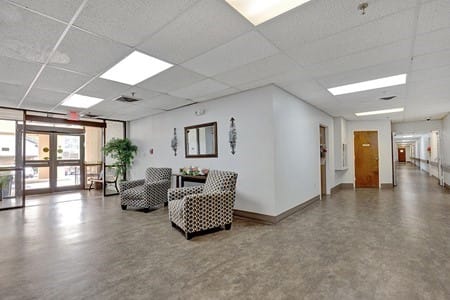 Interior view of a common area with seating