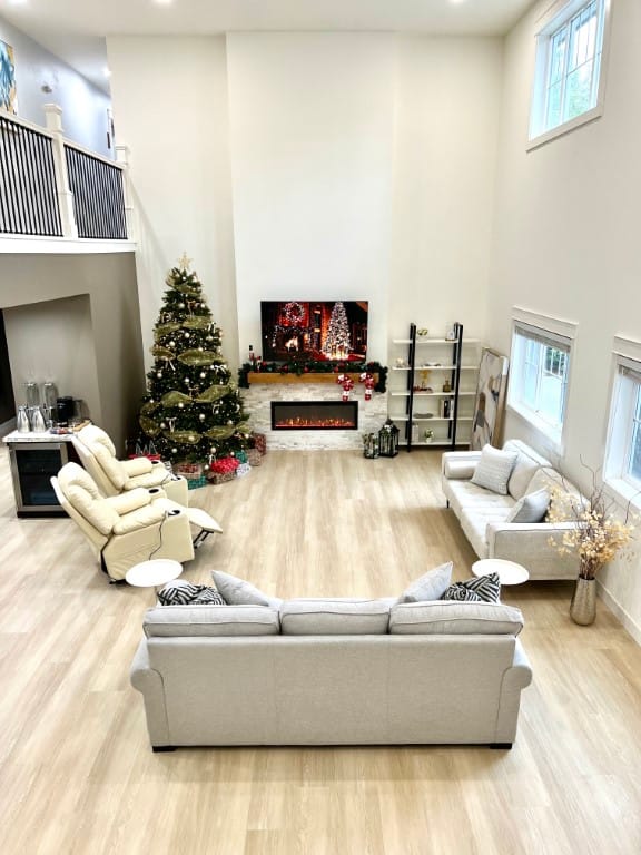 Bright common area with festive decorations
