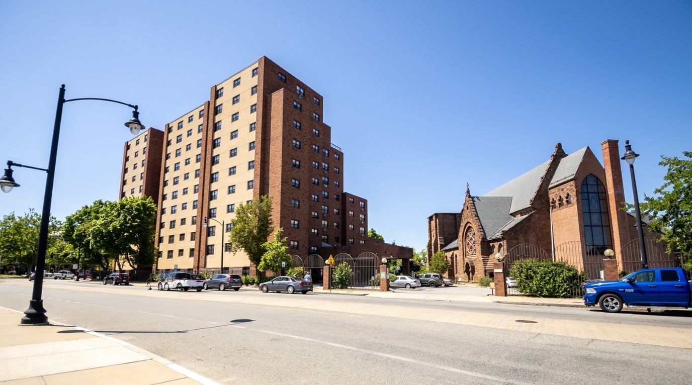 A view of the senior living facility building and surrounding area