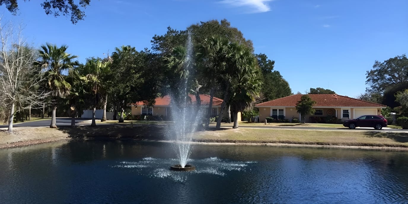 Outdoor view of the facility with a pond and fountain