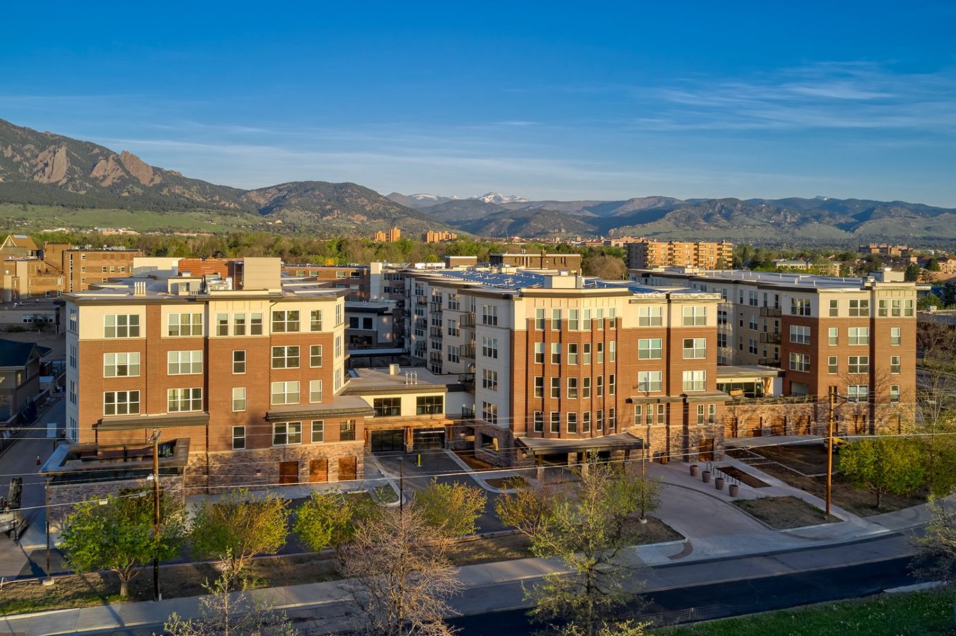 Aerial view of Frasier Retirement Community with mountains in the background