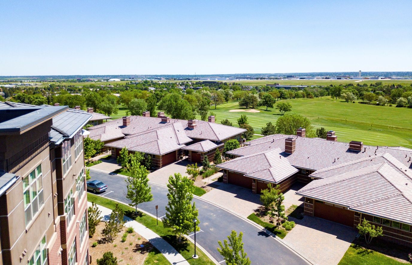 Aerial view of residential buildings in a senior living facility.