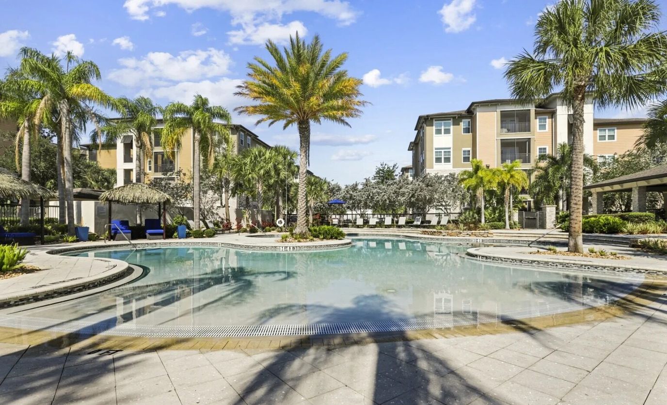 Outdoor pool area with palm trees and seating