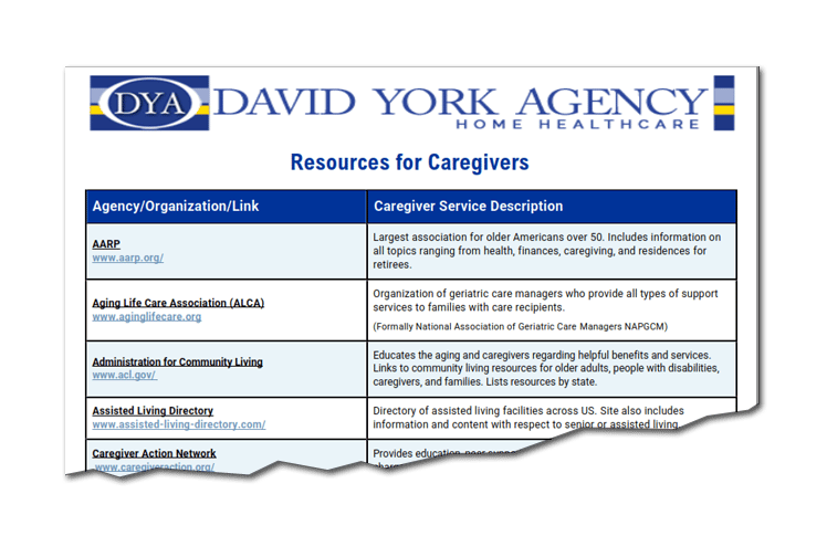 List of resources for caregivers from David York Agency