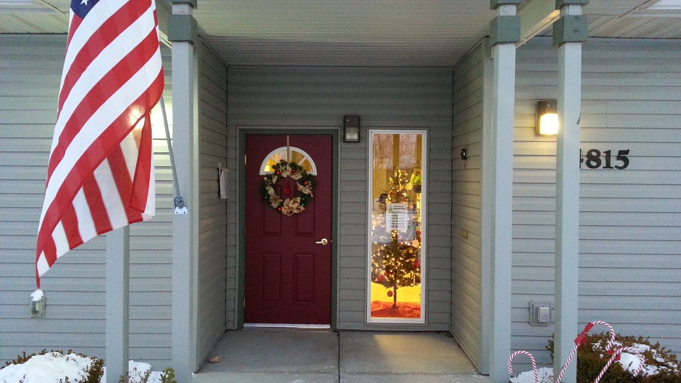 Front entrance decorated for the holiday season