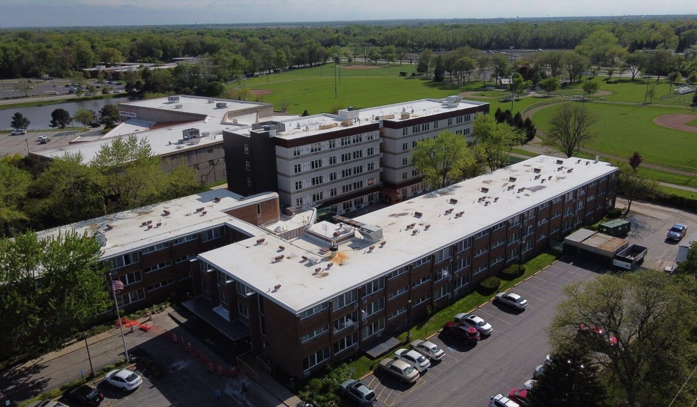 Aerial view of The Martin Avenue Apartments and surrounding green space