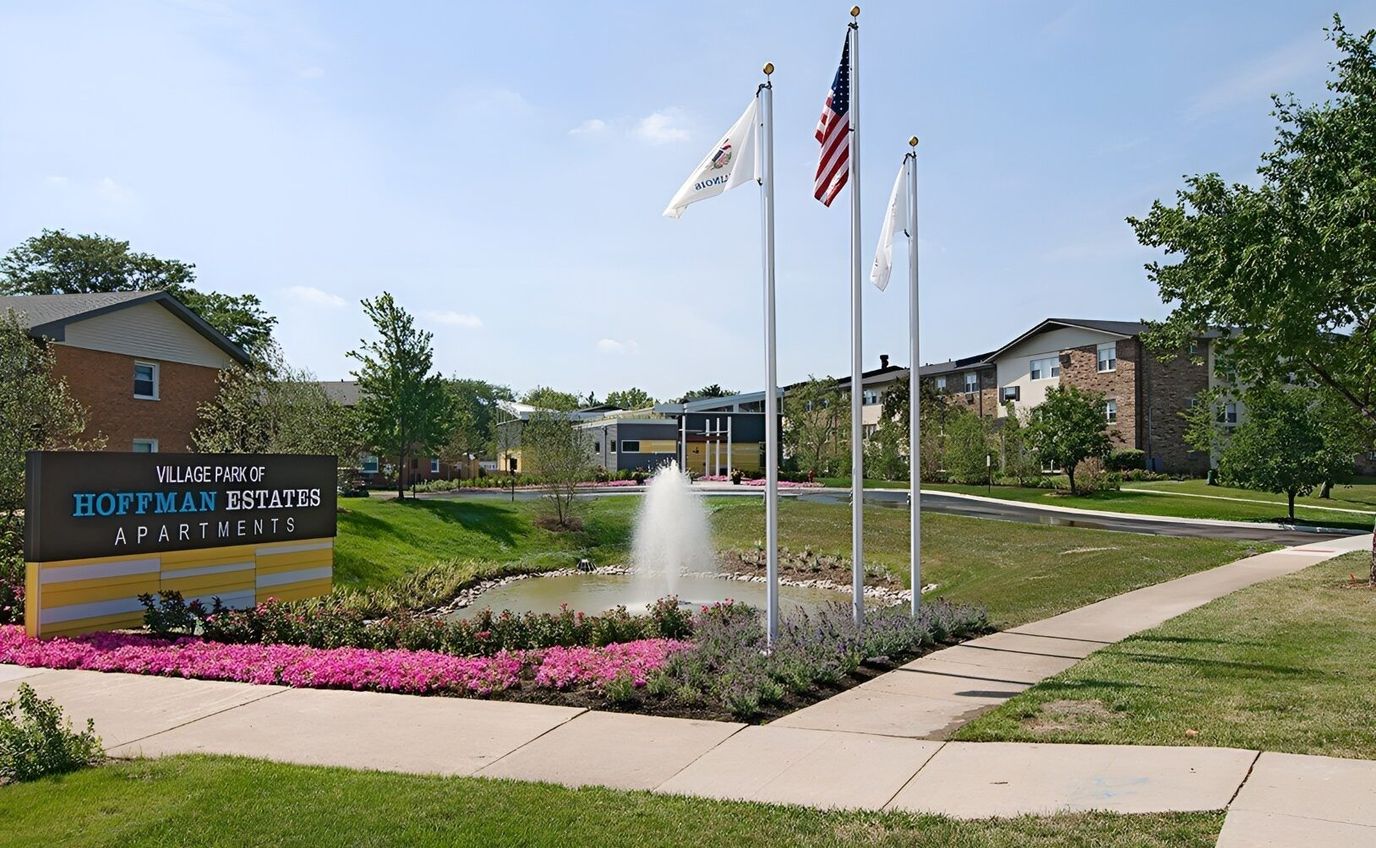 Exterior view of Village Park of Hoffman Estates with fountain